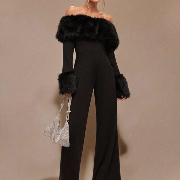 Black Party Women's Off Shoulder Fuzzy Long Sleeve Jumpsuit - Picture 1 of 5